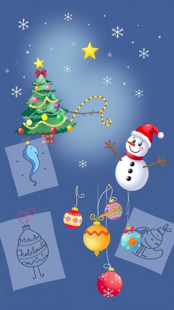 31-Day Christmas Drawing Challenge A collection of Christmas drawings including a tree, snowman, and ornaments against a snowy background.